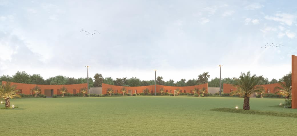 Terracotta architecture and lawn